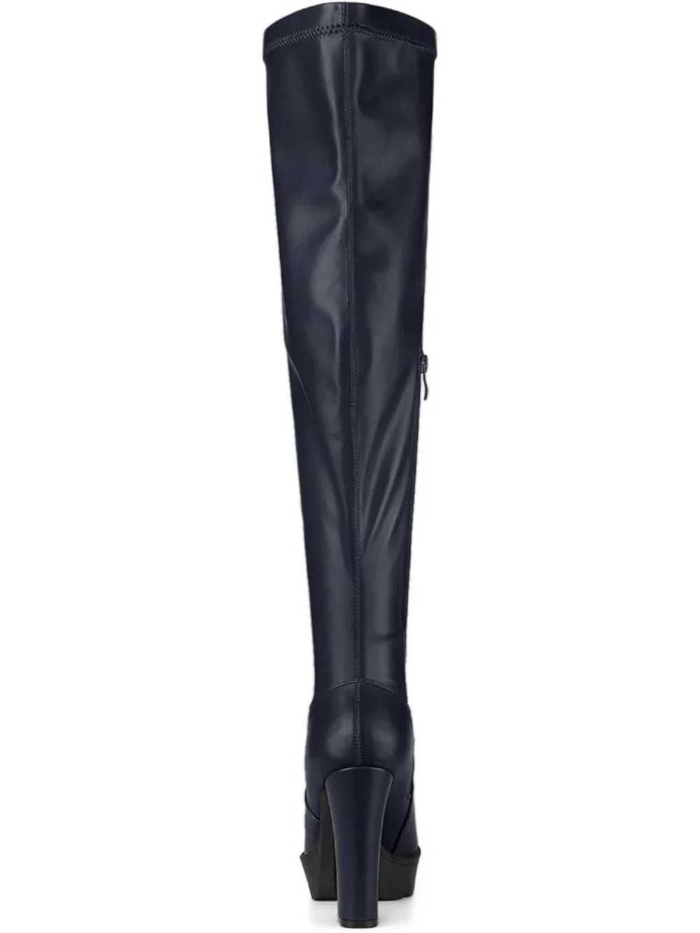 Women's Navy Blue Round Toe Faux Leather Chunky Heel Over The Knee High Boots
